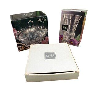 Vintage Mikasa Clear Glass Lot of 3 Items Candy Dish Bud Vase Home Decor Display